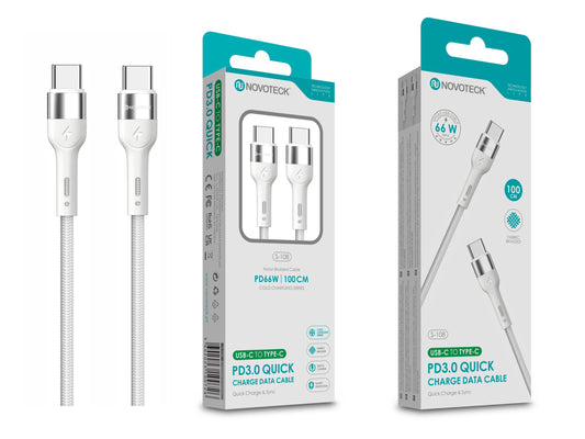 Cabo de Dados Trançado Nylon 3.1A Carregamento Rápido Branco USB-C to Type-C 1.0M