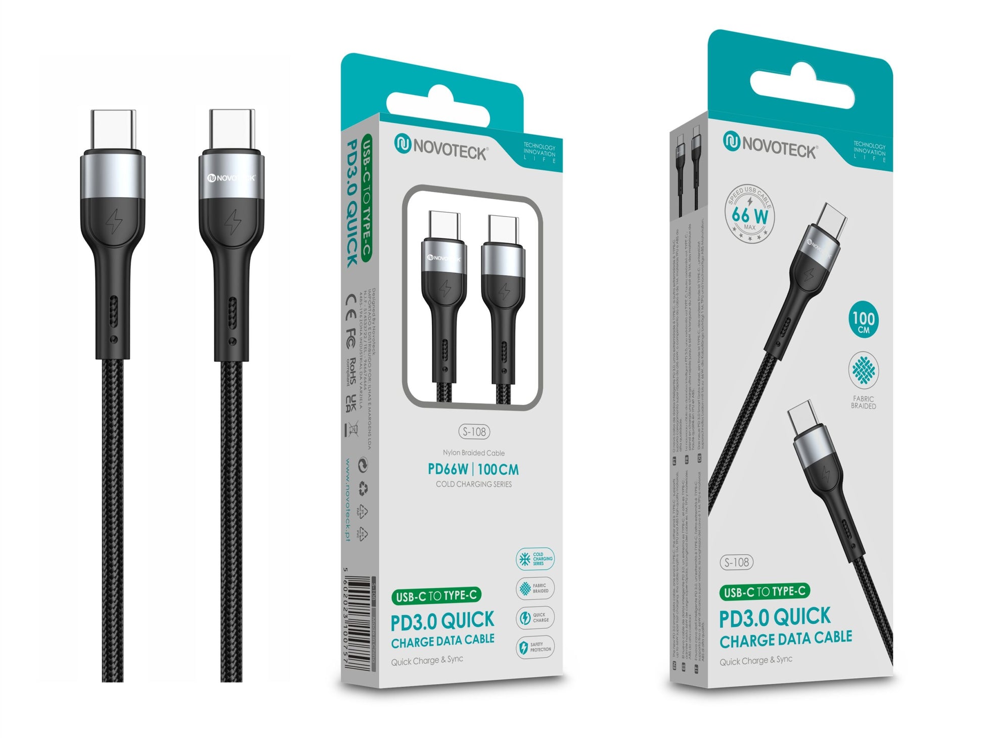 Cabo de Dados Trançado Nylon 3.1A Carregamento Rápido Negro USB-C to Type-C 1.0M