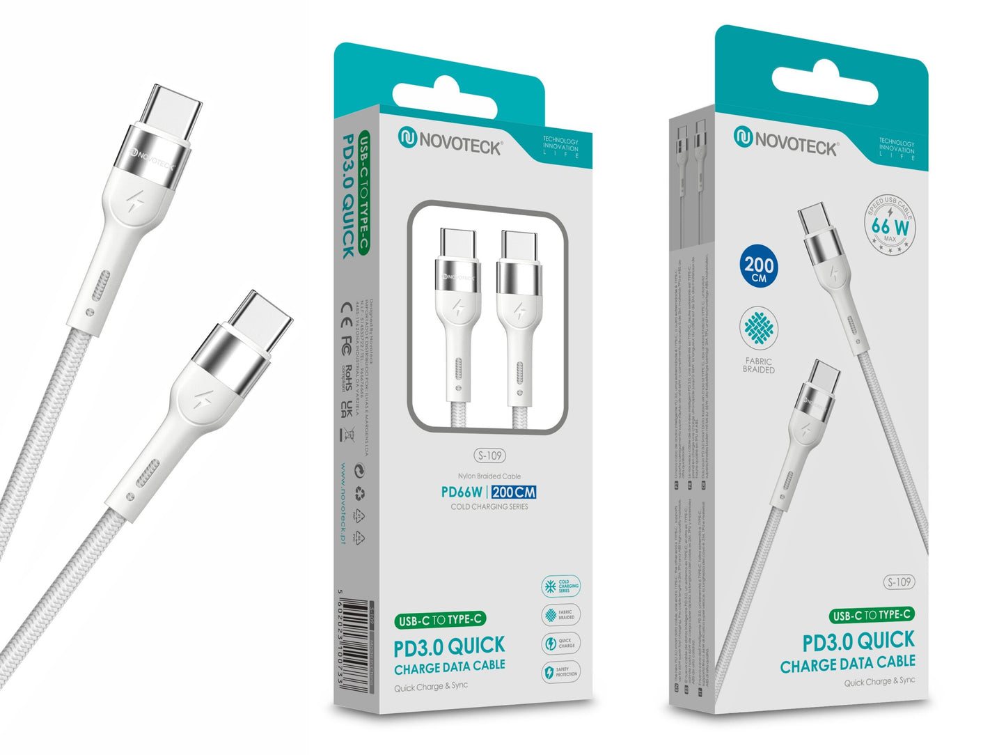 Cabo de Dados Trançado Nylon 3.1A Carregamento Rápido Branco USB-C to Type-C 2.0M