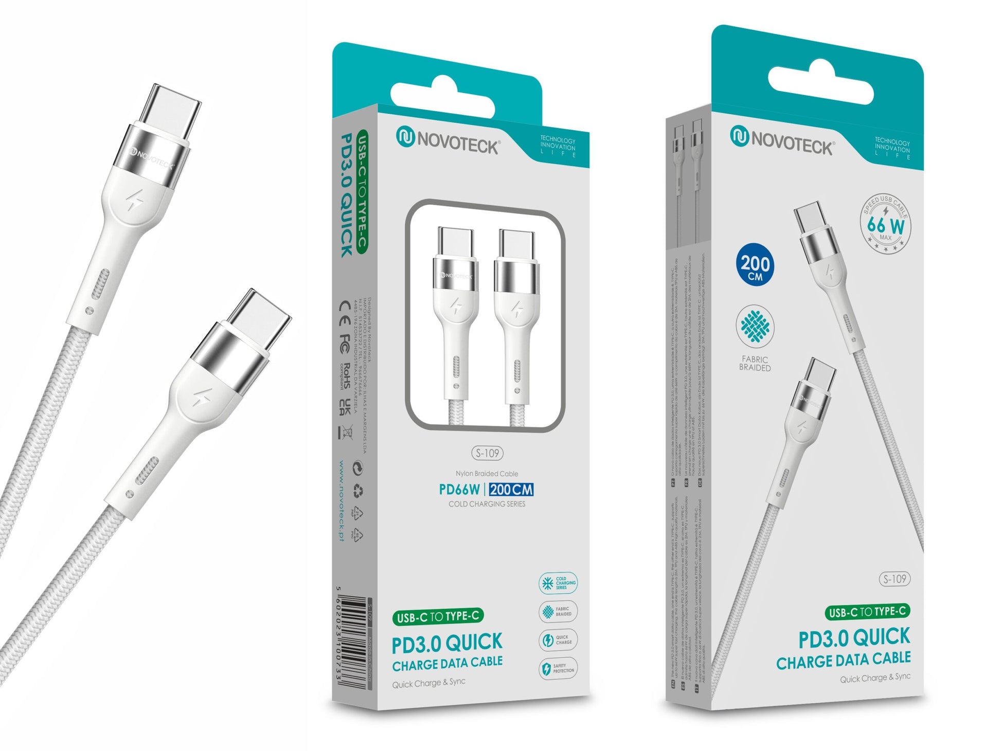 Cabo de Dados Trançado Nylon 3.1A Carregamento Rápido Branco USB-C to Type-C 2.0M