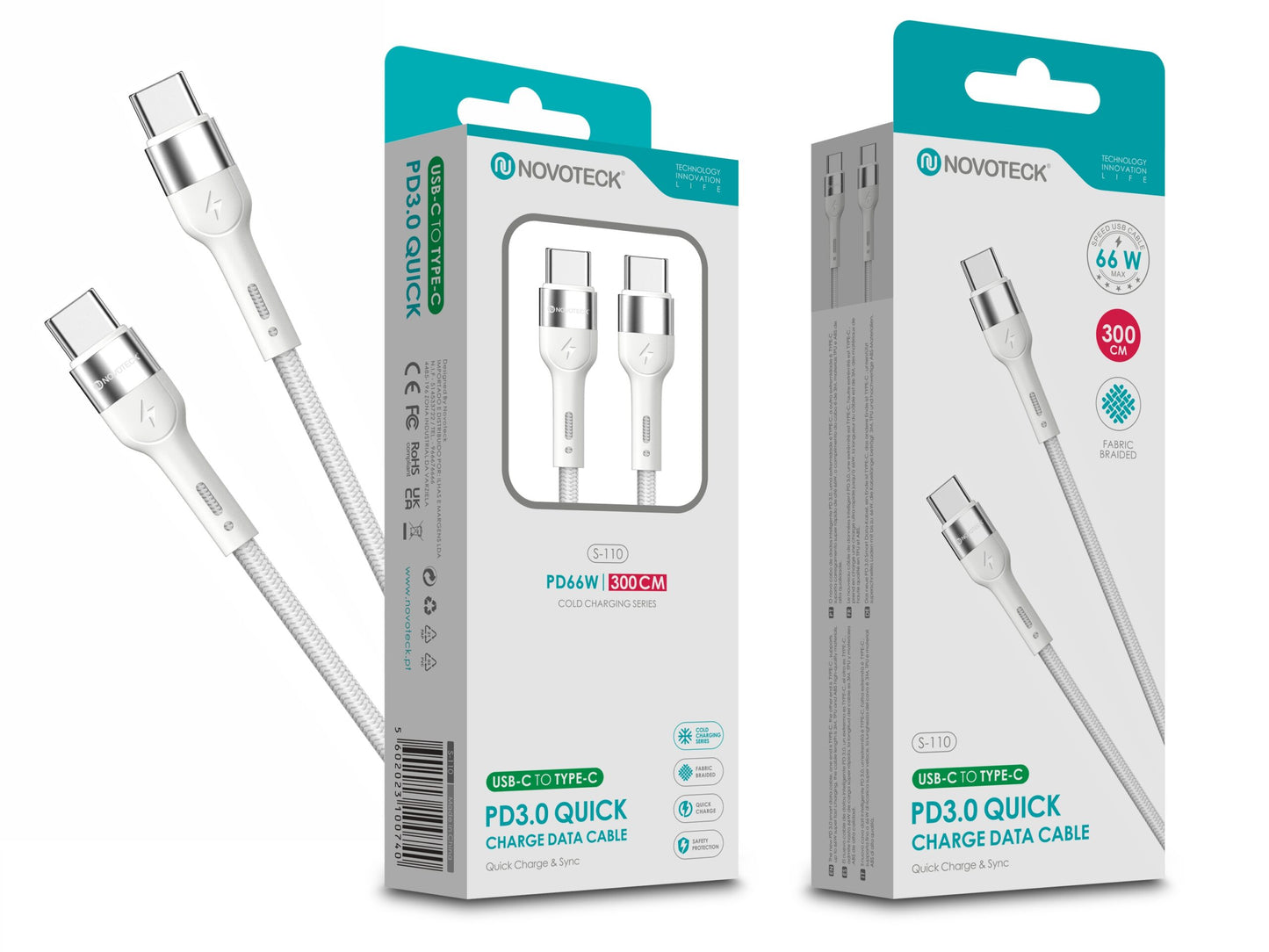 Cabo de Dados Trançado Nylon 3.1A Carregamento Rápido Branco USB-C to Type-C 3.0M