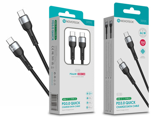 Cabo USB-C para USB-C NOVOTECK S-110 - PD 3.0 Quick Charge,66W,300cm,Negro,Trançado em Nylon