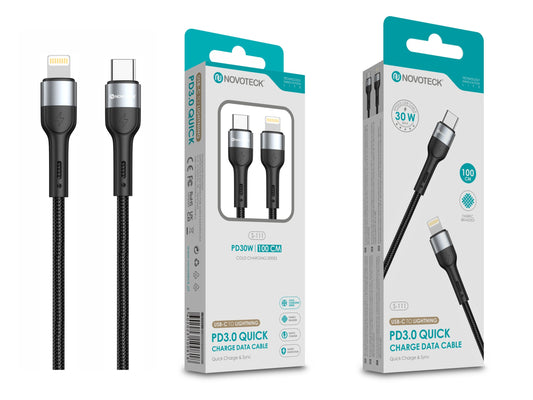 Cabo de Dados Trançado Nylon 3.1A Carregamento Rápido Negro USB-C to Lightinig 1.0M