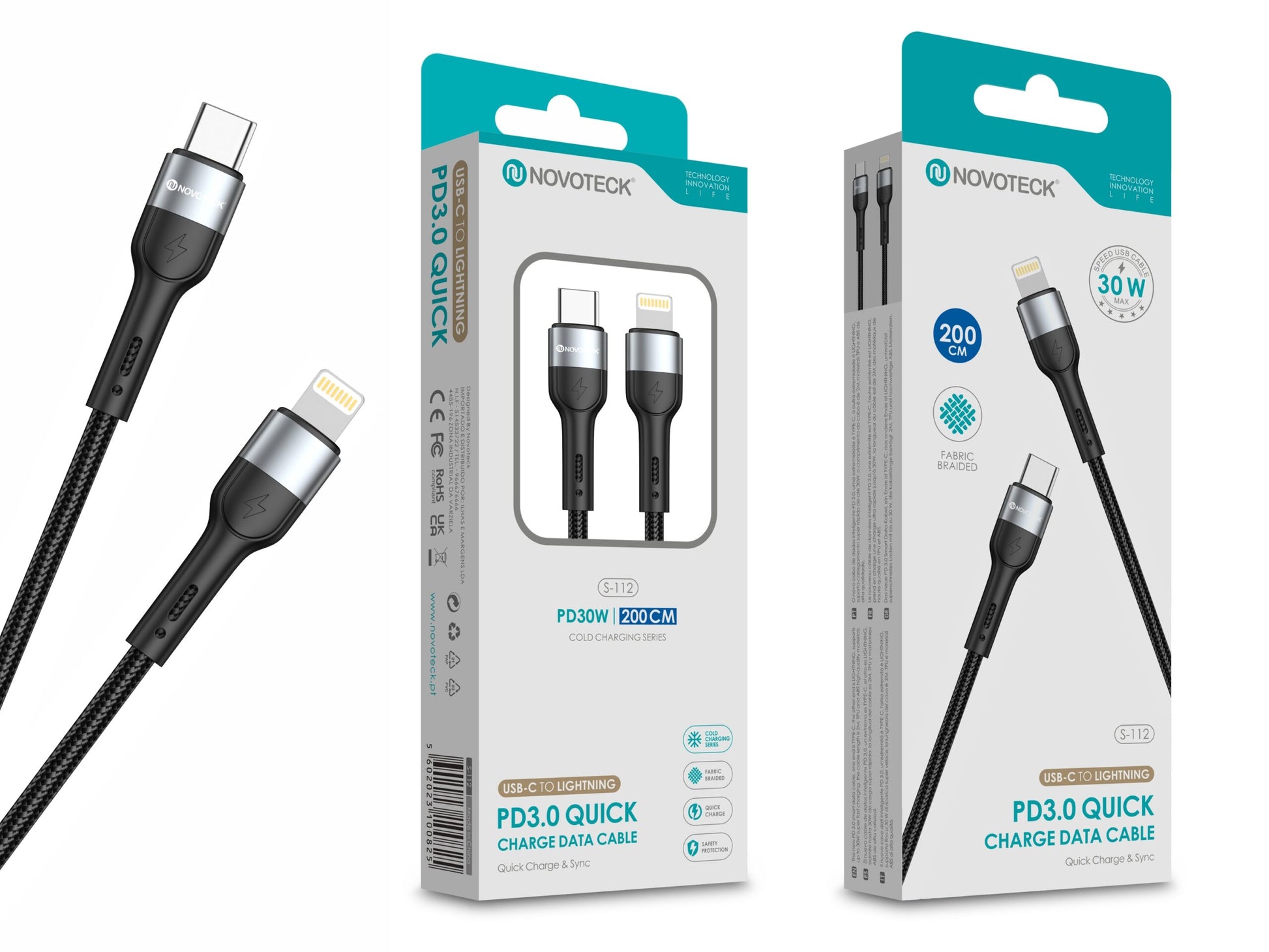 Cabo de Dados Trançado Nylon 3.1A Carregamento Rápido Negro USB-C to Lightinig 2.0M
