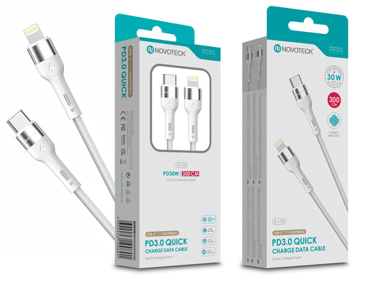Cabo de Dados Trançado Nylon 3.1A Carregamento Rápido Branco USB-C to Lightinig 3.0M