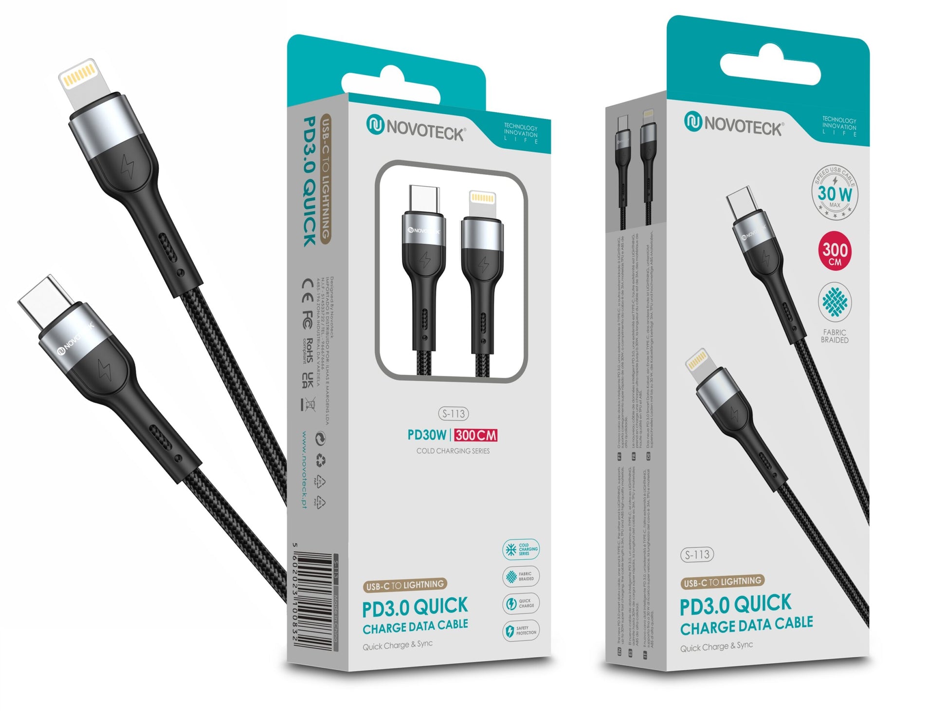 Cabo de Dados Trançado Nylon 3.1A Carregamento Rápido Negro USB-C to Lightinig 3.0M