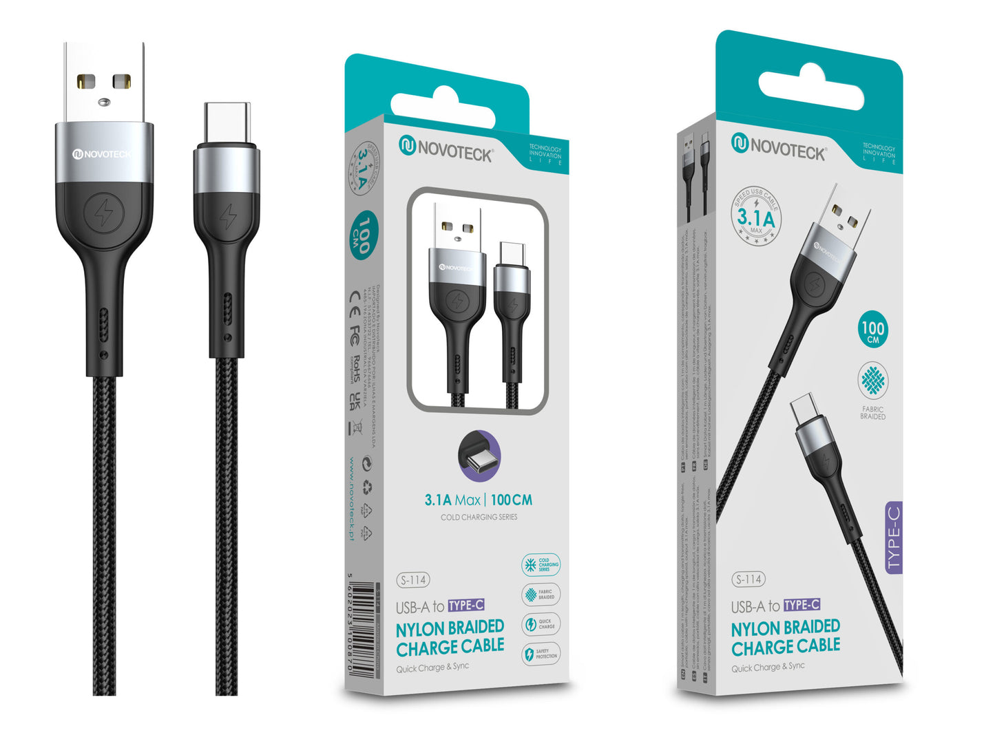 Cabo de Dados Trançado Nylon 3.1A Carregamento Rápido Negro Type-C USB 1.0M