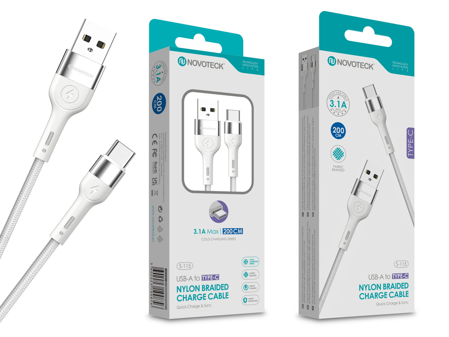 Cabo de Dados Trançado Nylon 3.1A Carregamento Rápido Branco Type-C USB 2.0M