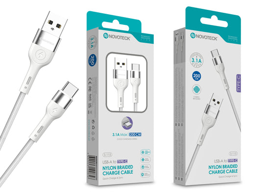 Cabo de Dados Trançado Nylon 3.1A Carregamento Rápido Branco Type-C USB 2.0M