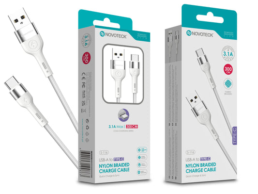 Cabo de Dados Trançado Nylon 3.1A Carregamento Rápido Branco Type-C USB 3.0M
