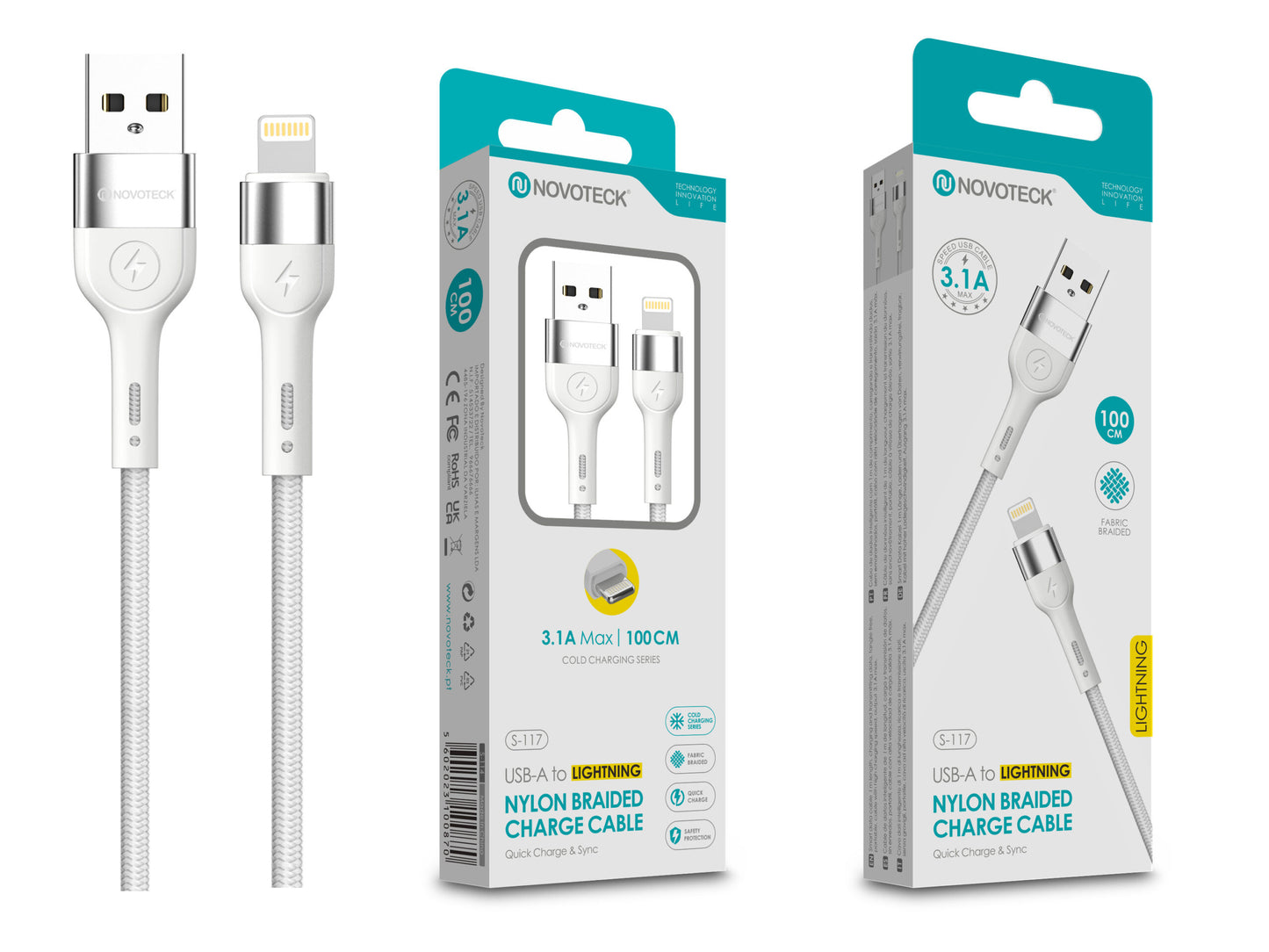 Cabo Lightning NOVOTECK S-117 - Nylon Trançado, 3.1A, 100cm,Branco