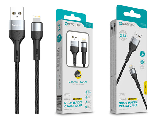 Cabo de Dados Trançado Nylon 3.1A Carregamento Rápido Negro Lightning USB 1.0M