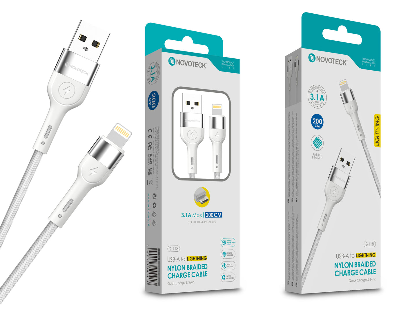 Cabo Lightning NOVOTECK S-118 - Nylon Trançado, 3.1A, 200cm,Branco