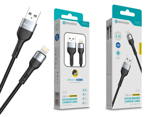 Cabo de Dados Trançado Nylon 3.1A Carregamento Rápido Negro Lightning USB 2.0M