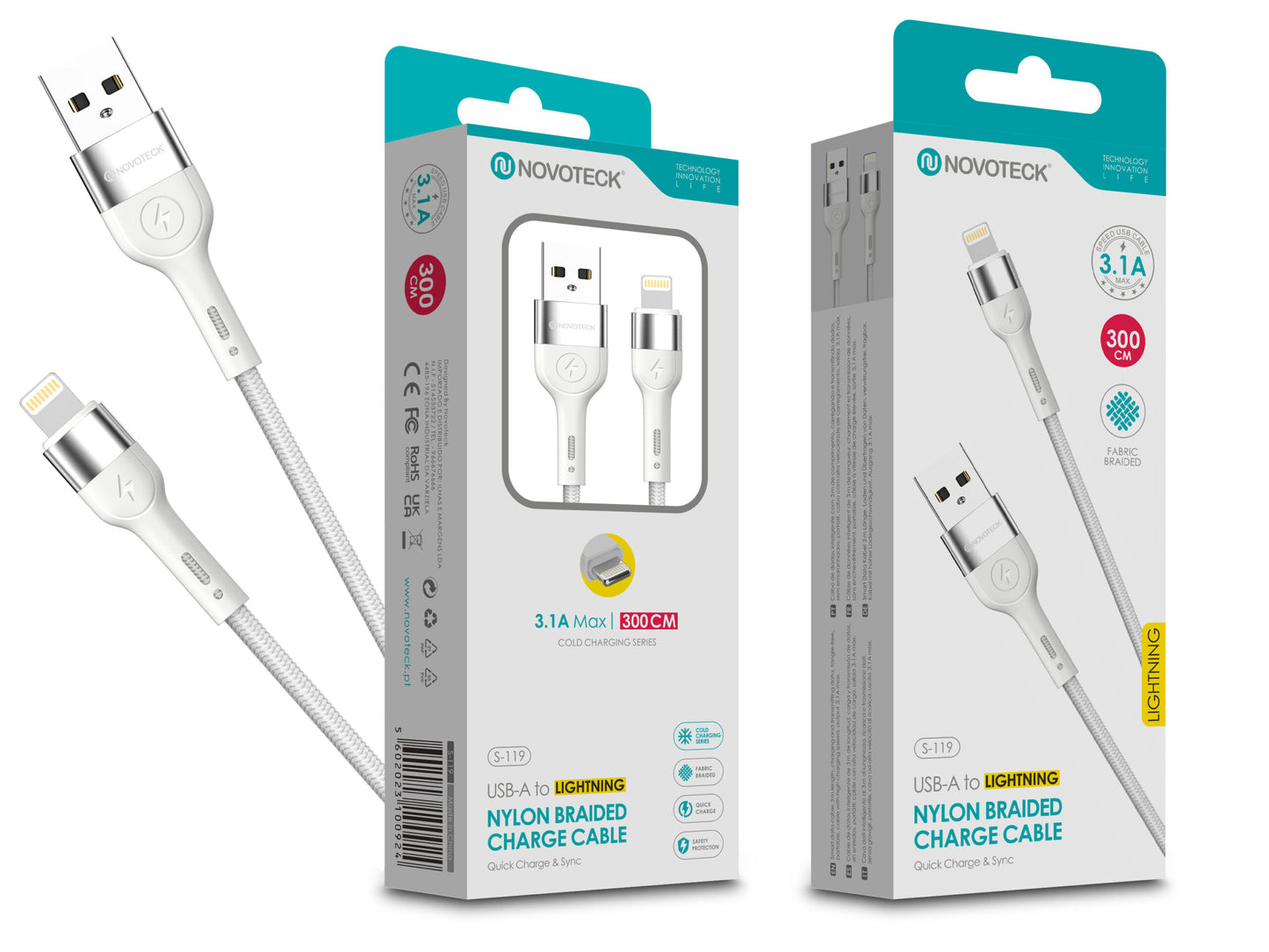 Cabo Lightning NOVOTECK S-119 - Nylon Trançado, 3.1A, 300cm,Branco