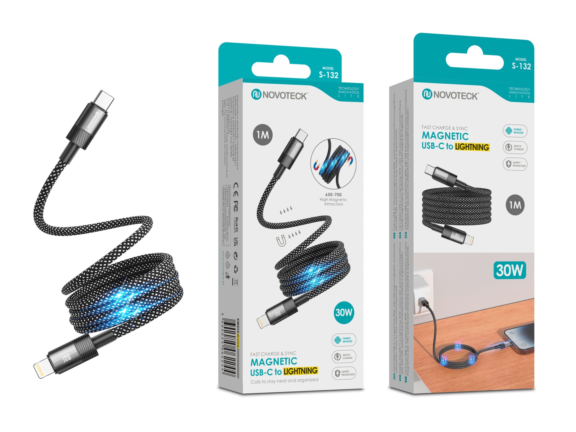 Cabo Magnético USB-C para Lightning Novoteck S-132 – 30W, 1 Metro, Enrolamento Automático, Revestimento em Tecido, Alta Atração Magnética