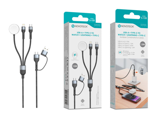 Cabo 3 em 1 Novoteck S-133 – USB-A/Type-C para Watch + Lightning + Type-C, 1.5M, 60W, Carregamento Wireless para Apple Watch e Dispositivos iOS/Androi