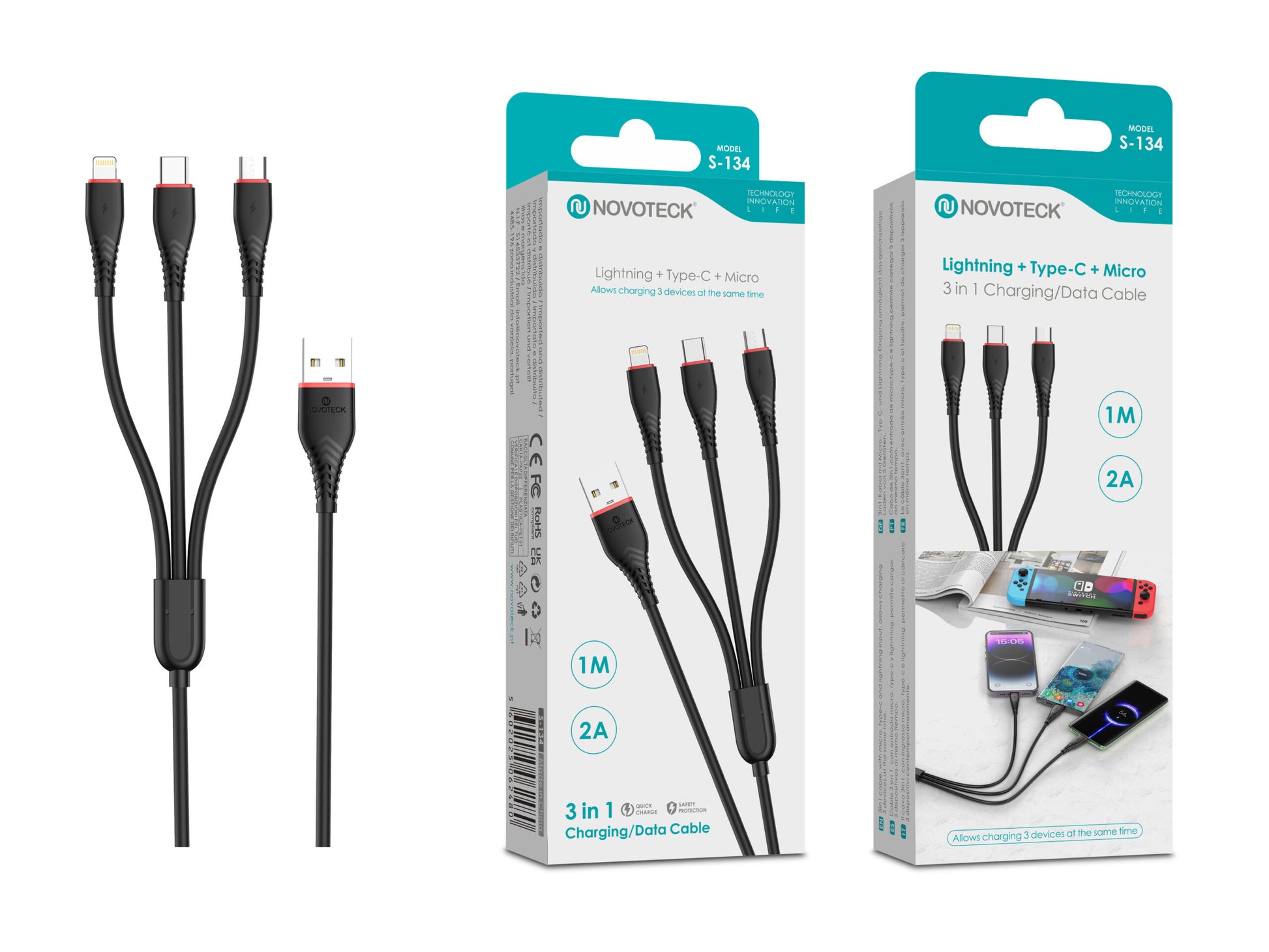 Cabo 3 em 1 S-134 com Conectores Lightning + USB-C + Micro USB 1 Metro 2A para Carregamento e Dados
