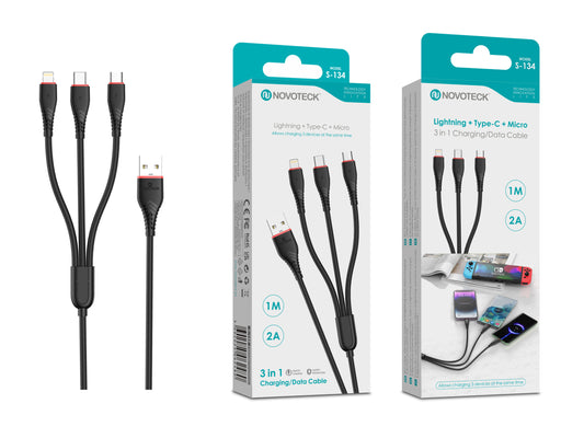 Cabo 3 em 1 S-134 com Conectores Lightning + USB-C + Micro USB 1 Metro 2A para Carregamento e Dados