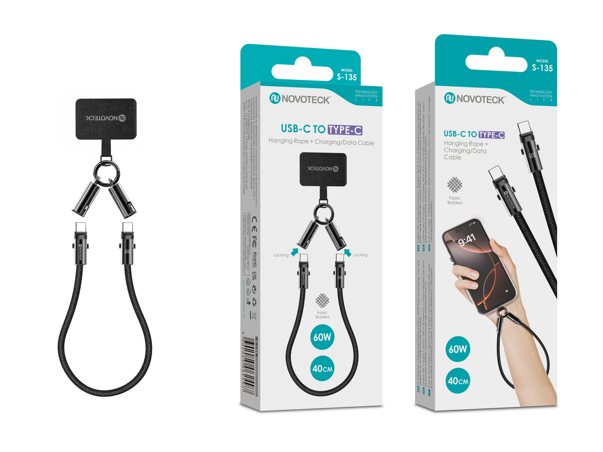 Cabo USB-C para USB-C S-135 com Alça de Pulso 40cm 60W para Carregamento e Dados