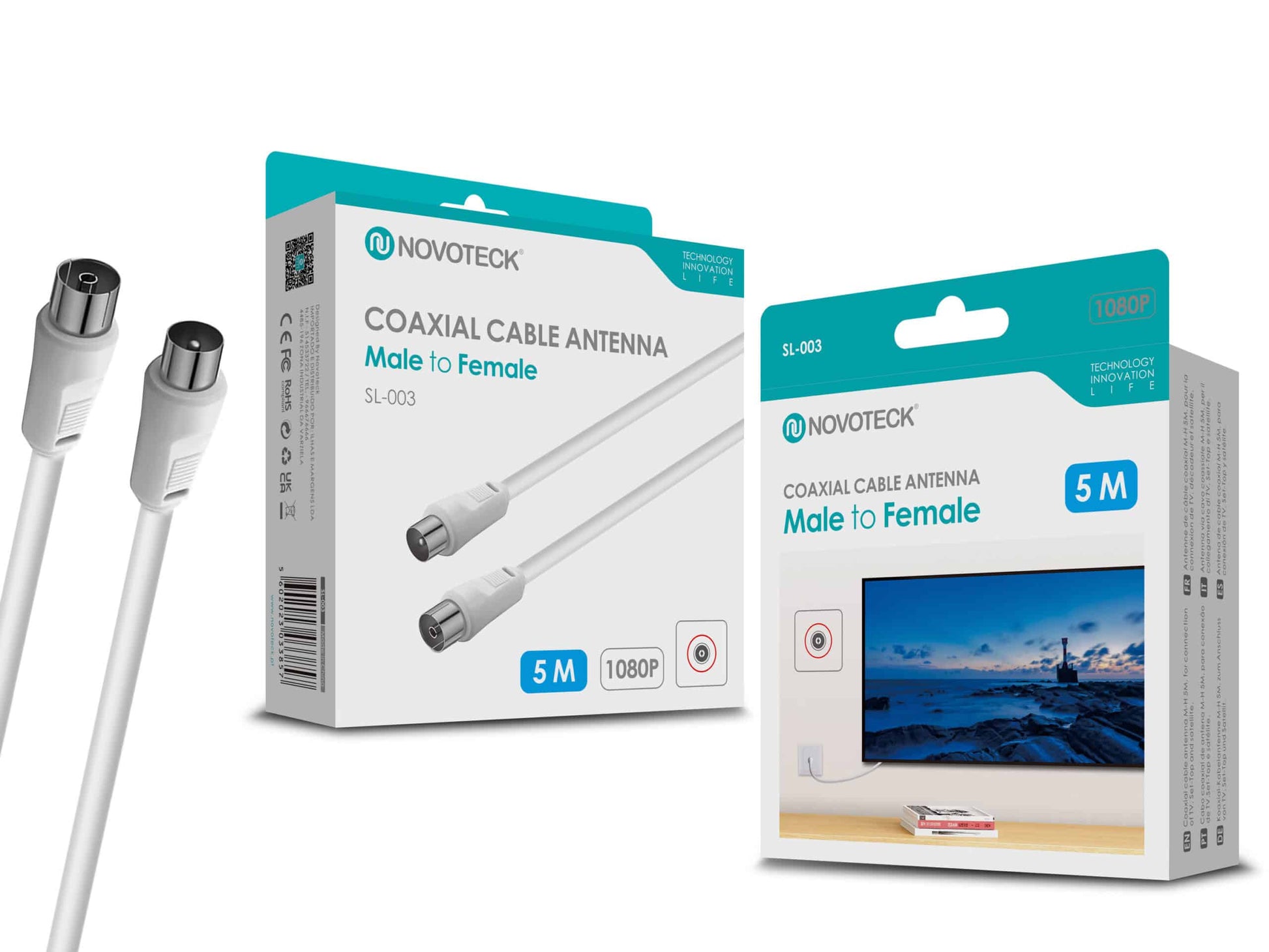 Cabo Coaxial de Antena Novoteck SL-003 – Macho para Fêmea, 5,0m