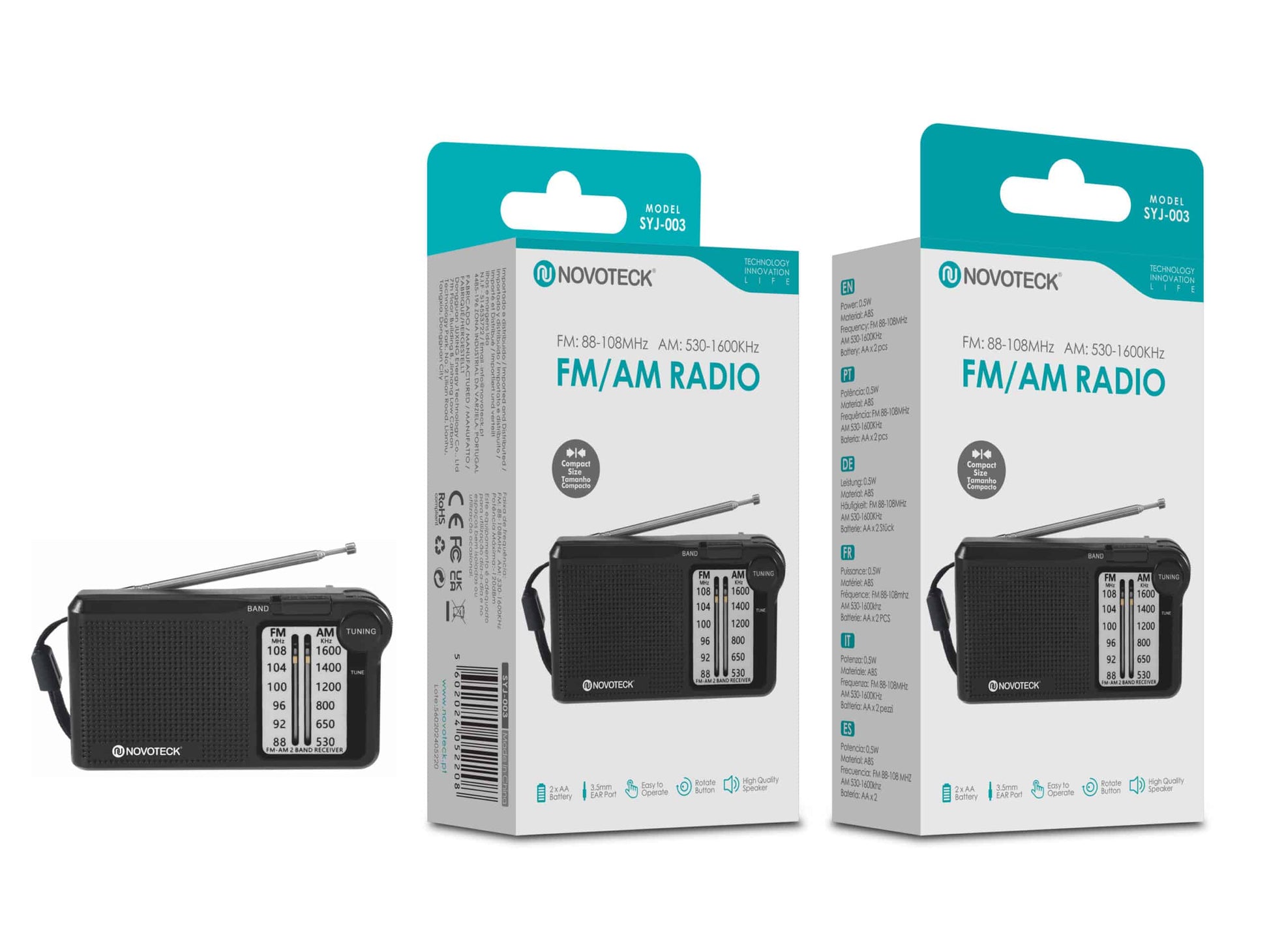 Rádio Portátil FM/AM com Antena Extensível e Entrada para Auriculares SYJ-003