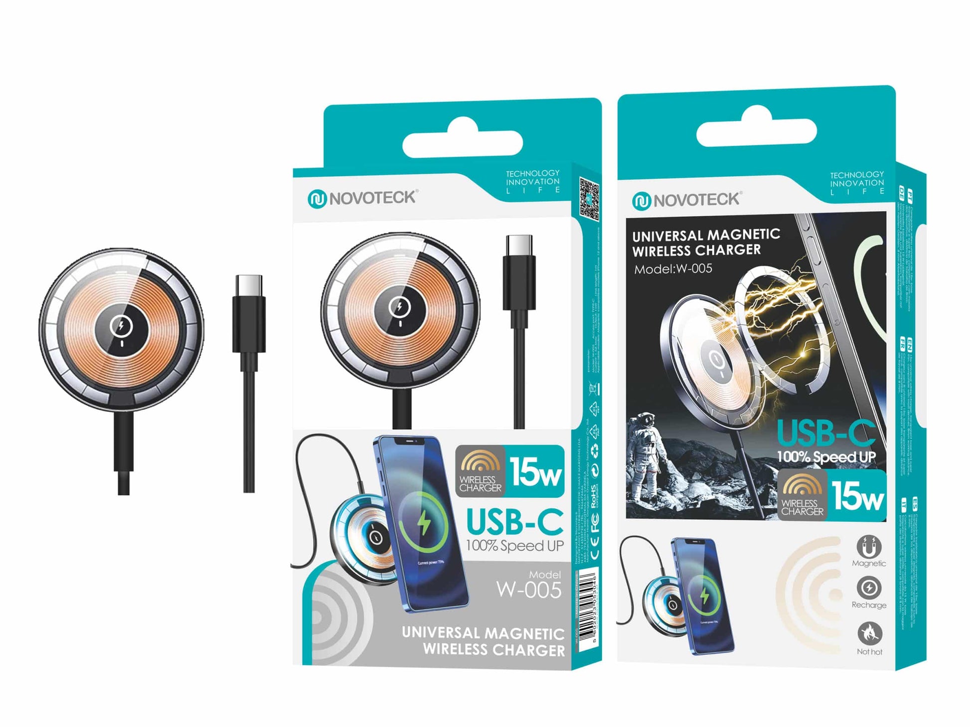 Carregador Magnético Sem Fio Universal Novoteck W-005 - 15W, USB-C, Compatibilidade Ampla