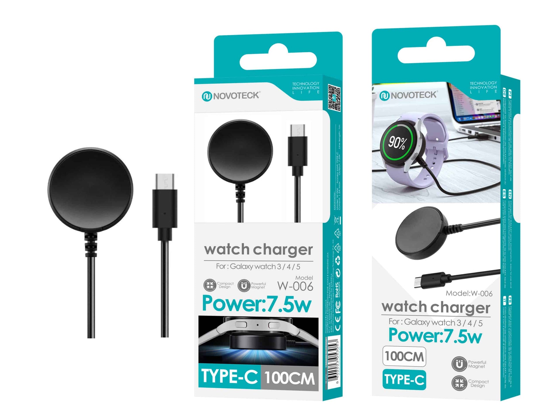 Carregador para Relógio Novoteck W-006 - Compatível com Galaxy Watch 3/4/5/6, 7.5W, USB-C, 100cm