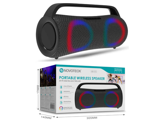 Coluna Portátil Sem Fios Negro XB-010 - BT 5.1, USB, AUX, TWS, FM, Iluminação RGB