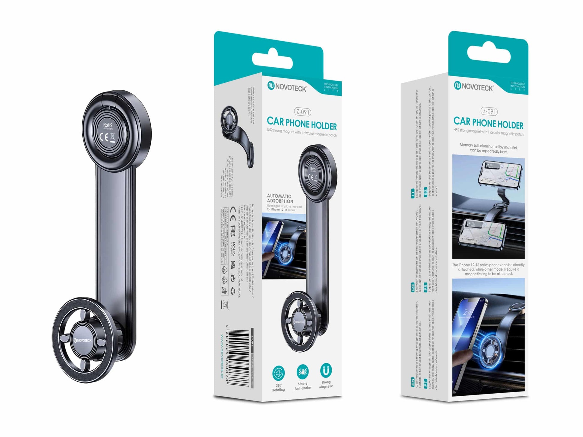 Suporte Magnético para Telemóvel Novoteck Z-091 – Rotação 360°, Fixação por Saída de Ar, Íman Forte, Design Compacto e Estável
