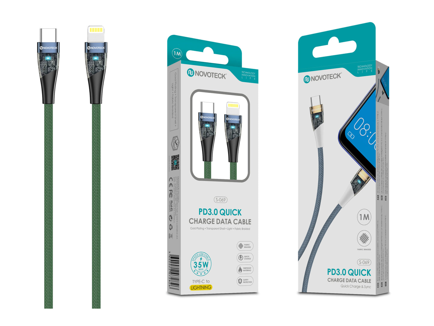Cabo PD 35W Type-C to Lightning Verde S-069 Luz Indicador