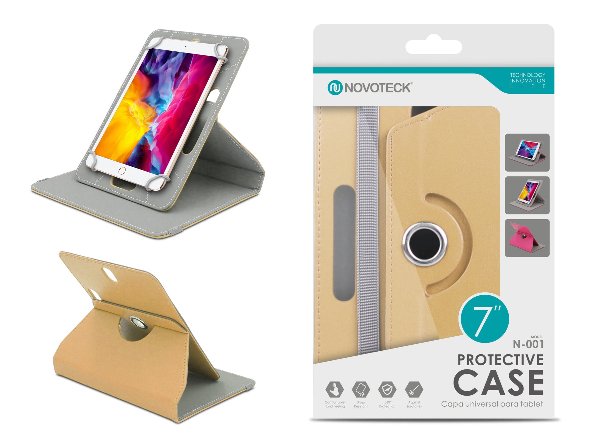 Capa Protetora Universal Dourado para Tablet de 7'' - N-001 - Confortável, Resistente a Quedas e com Suporte Ajustável