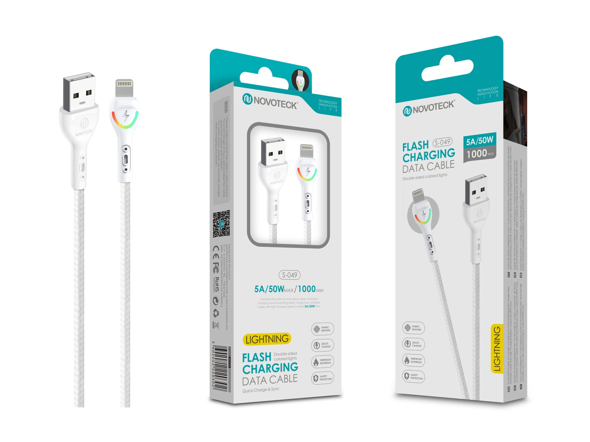 Cabo Lightning Branco 5A 50W 1M S-049 com Luz Indicador