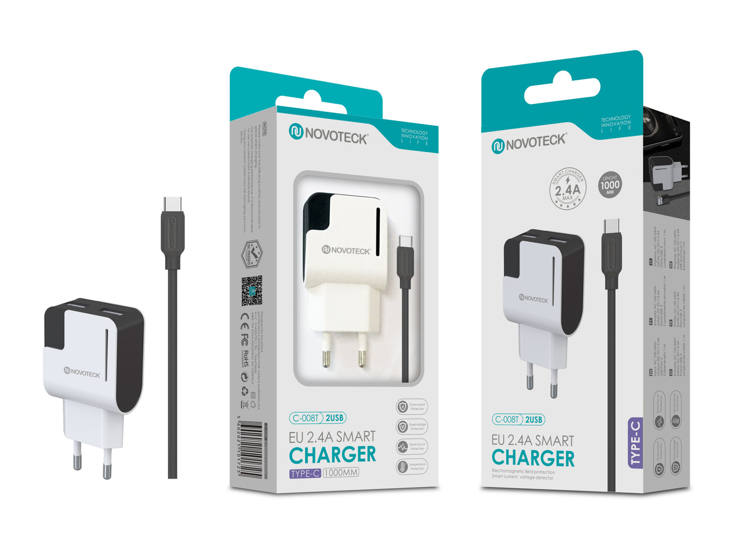 Carregador com Cabo Type-C Negro 2.4A 2 USB Full Compatible C-008T